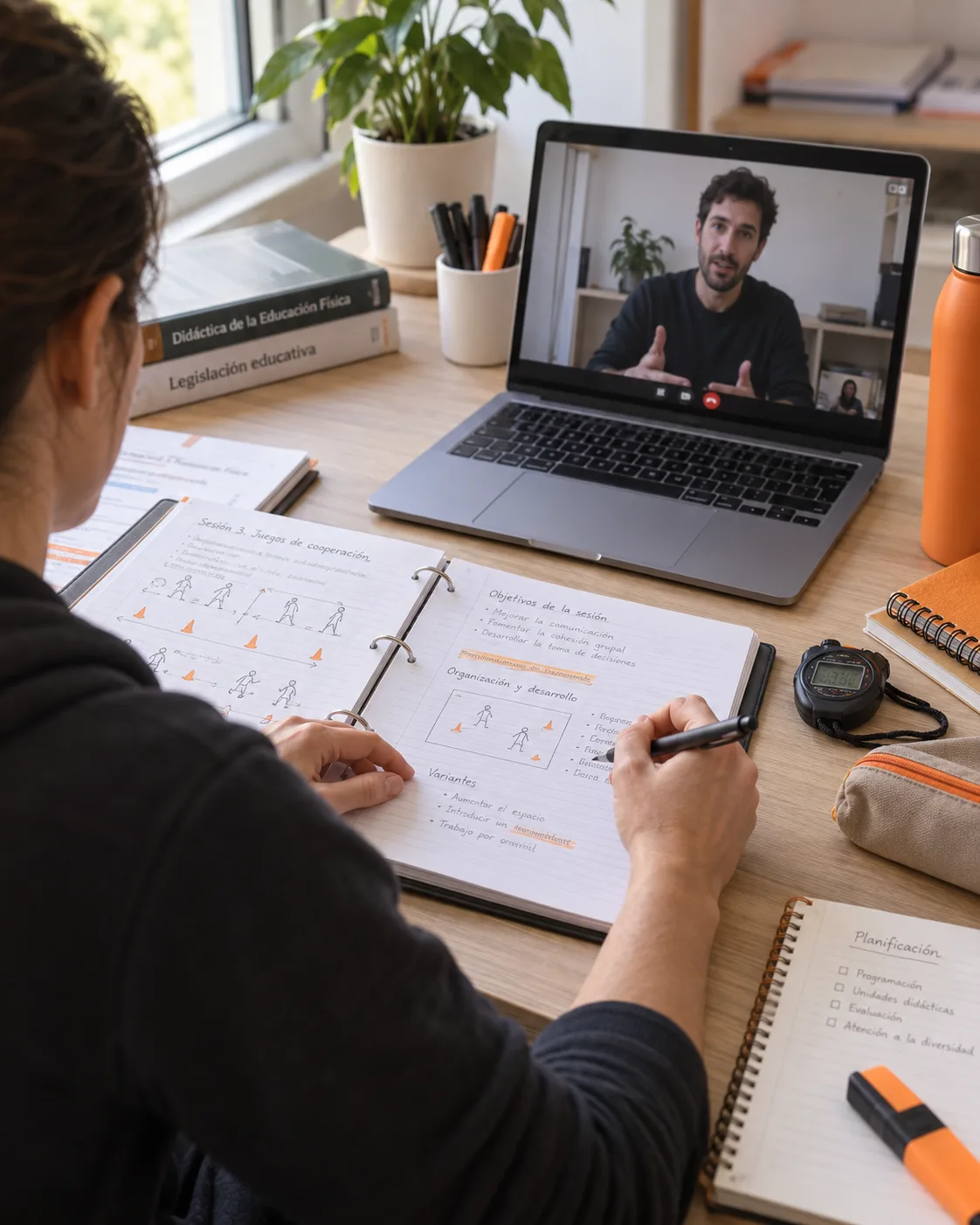 Imagen ilustrativa generada con IA: preparación de Educación Física con una tutoría online.